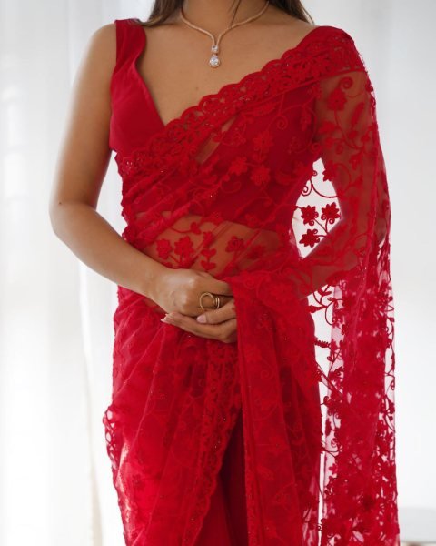Wedding Glam in Red Butterfly Net Saree with Chain Stitch  & Stone Sparkle Net Sarees Wholesale