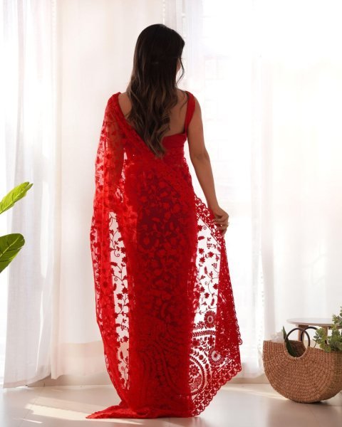 Wedding Glam in Red Butterfly Net Saree with Chain Stitch  & Stone Sparkle Net Sarees Wholesale