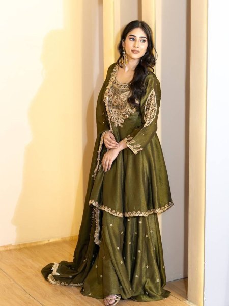 Wedding Functions Special Olive Green Simar Silk Sharara with Heavy Embroidery Ready To Wear Suit