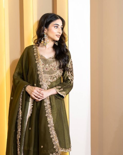 Wedding Functions Special Olive Green Simar Silk Sharara with Heavy Embroidery Ready To Wear Collection