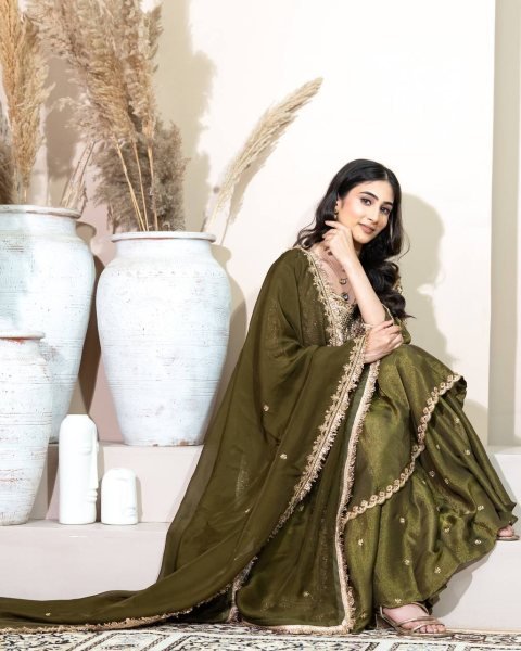 Wedding Functions Special Olive Green Simar Silk Sharara with Heavy Embroidery Ready To Wear Collection