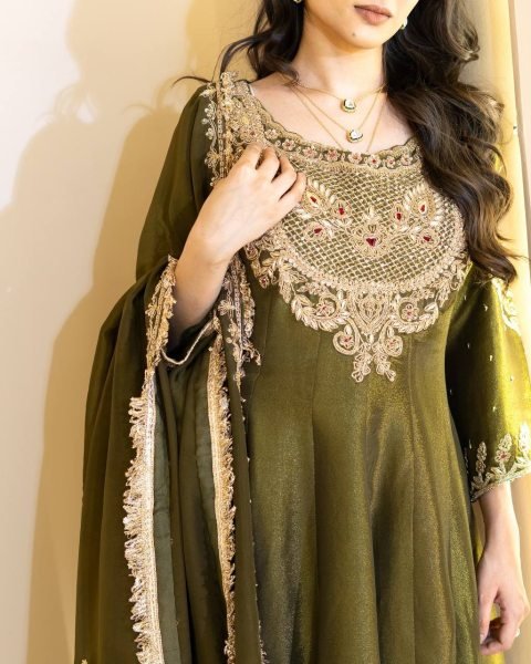 Wedding Functions Special Olive Green Simar Silk Sharara with Heavy Embroidery Ready To Wear Collection