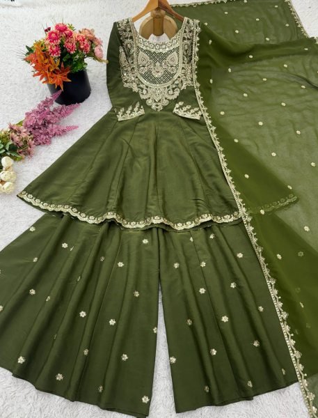 Wedding Functions Special Olive Green Simar Silk Sharara with Heavy Embroidery Ready To Wear Collection
