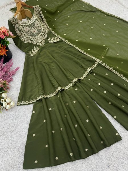 Wedding Functions Special Olive Green Simar Silk Sharara with Heavy Embroidery Ready To Wear Collection