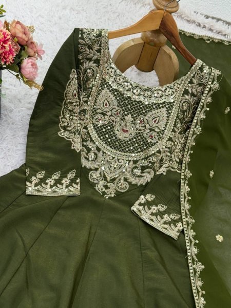 Wedding Functions Special Olive Green Simar Silk Sharara with Heavy Embroidery Ready To Wear Collection