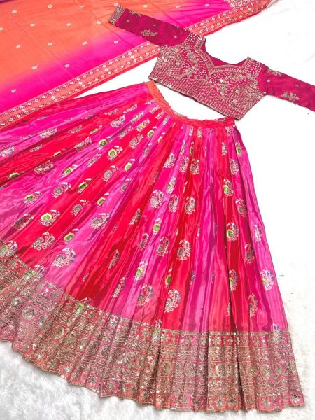 Wedding Special Pink Chinnon Silk  Lehenga Choli With Embroidery Work Designer Lehenga Choli