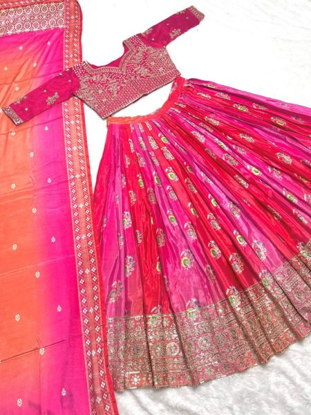 Wedding Special Pink Chinnon Silk  Lehenga Choli With Embroidery Work Designer Lehenga Choli