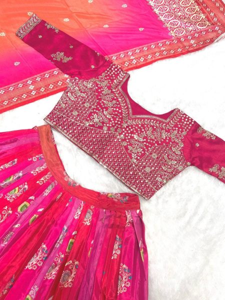 Wedding Special Pink Chinnon Silk  Lehenga Choli With Embroidery Work Designer Lehenga Choli