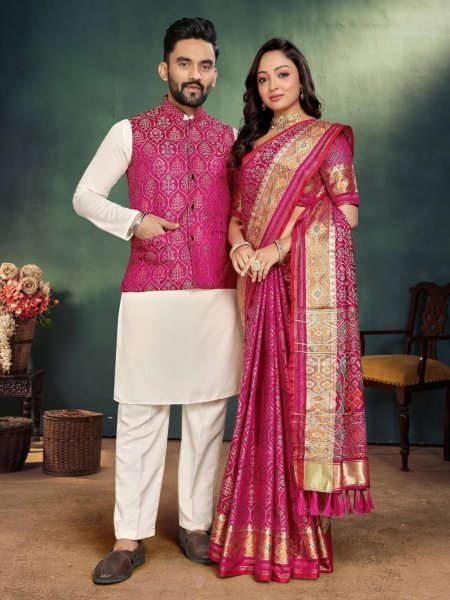 Wedding Special Pink Couple Combo Set Kurta Pajama with Koti for Him   Jacquard Silk Saree for Her Textile Wholesaler