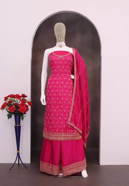 Wedding Special Rani Pink Jacquard Palazzo Suit for a Statement Look Designer Plazzo Salwar Suits Wholesale