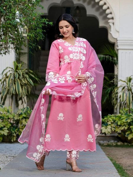 Wedding Special Roman Silk Embroidered Suit Set with Floral V-Neck Kurta 3 Piece Set 