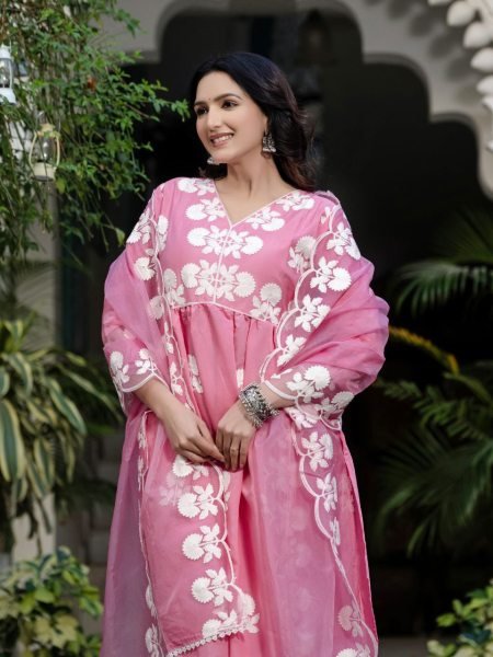 Wedding Special Roman Silk Embroidered Suit Set with Floral V-Neck Kurta 3 Piece Set  3 Piece Kurti Set