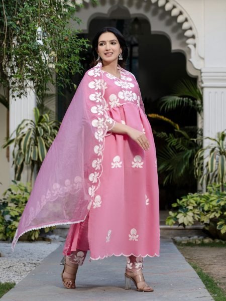 Wedding Special Roman Silk Embroidered Suit Set with Floral V-Neck Kurta 3 Piece Set  3 Piece Kurti Set