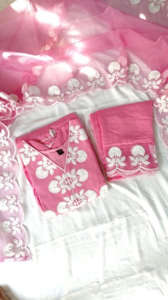 Wedding Special Roman Silk Embroidered Suit Set with Floral V-Neck Kurta 3 Piece Set  3 Piece Kurti Set