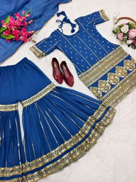 Wedding Wear Embroidery Work Sharara Suit 3 Piece Kurti Set