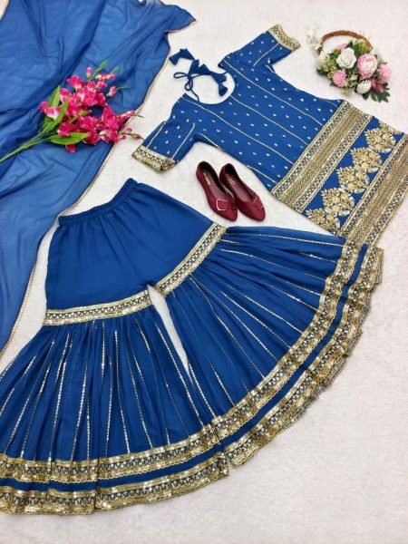 Wedding Wear Embroidery Work Sharara Suit 3 Piece Kurti Set