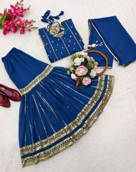 Wedding Wear Embroidery Work Sharara Suit 3 Piece Kurti Set