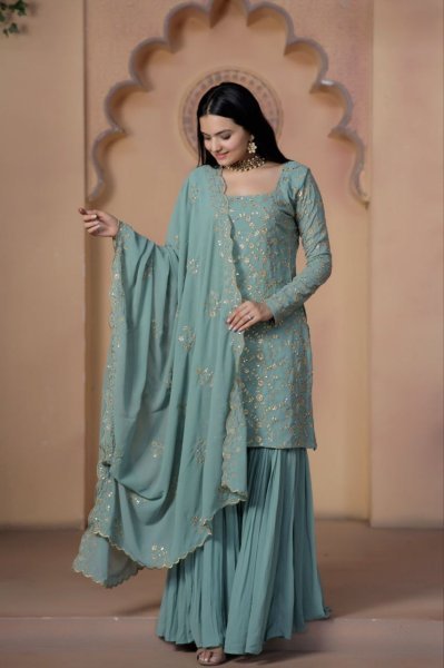 Wedding Wear Faux Georgette Sharara Suits With Embroidery Work  Ready To Wear Collection
