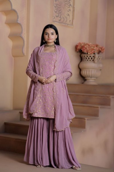 Wedding Wear Faux Georgette Sharara Suits With Embroidery Work  Ready To Wear Collection