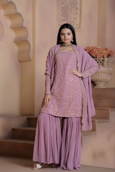 Wedding Wear Faux Georgette Sharara Suits With Embroidery Work  Ready To Wear Collection