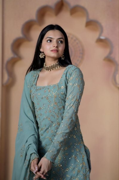 Wedding Wear Faux Georgette Sharara Suits With Embroidery Work  Ready To Wear Collection