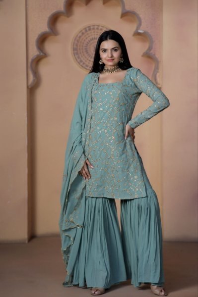 Wedding Wear Faux Georgette Sharara Suits With Embroidery Work  Ready To Wear Collection