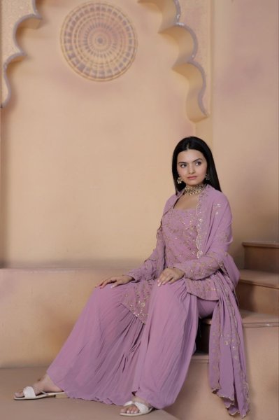 Wedding Wear Faux Georgette Sharara Suits With Embroidery Work  Ready To Wear Collection