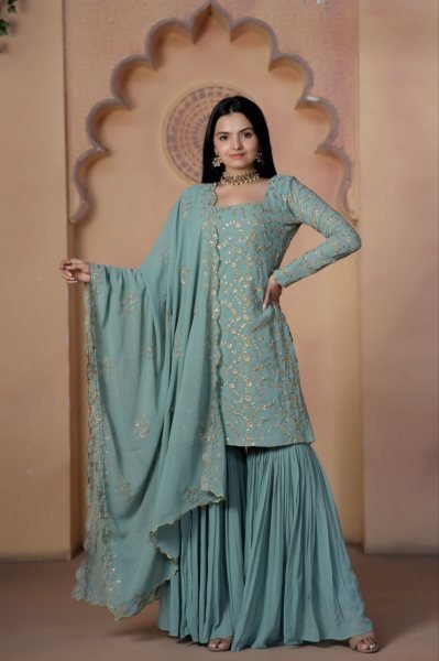 Wedding Wear Faux Georgette Sharara Suits With Embroidery Work  Ready To Wear Collection
