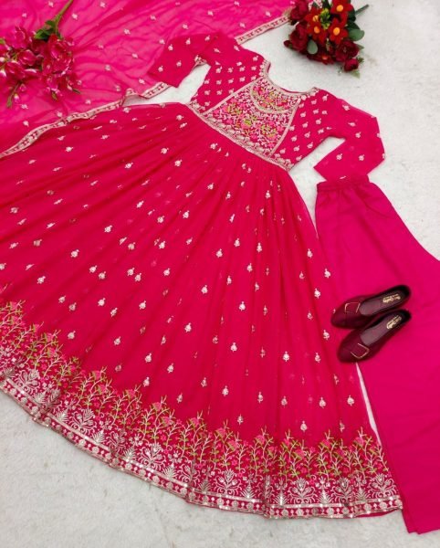 Wedding Wear Fox Georgette Gown Pant   Dupatta With Embroidery Work  3 Piece Kurti Set