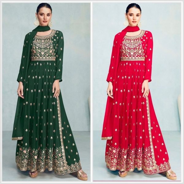Wedding Wear Fox Georgette Gown Pant   Dupatta With Embroidery Work  3 Piece Kurti Set