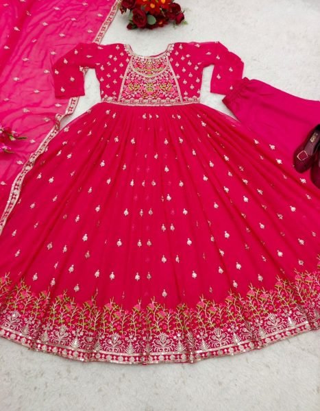 Wedding Wear Fox Georgette Gown Pant   Dupatta With Embroidery Work  3 Piece Kurti Set