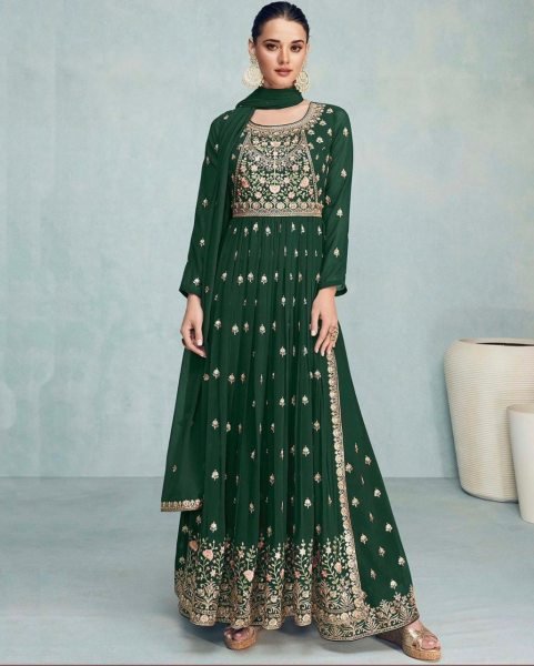 Wedding Wear Fox Georgette Gown Pant   Dupatta With Embroidery Work  3 Piece Kurti Set