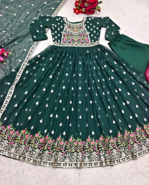 Wedding Wear Fox Georgette Gown Pant   Dupatta With Embroidery Work  3 Piece Kurti Set