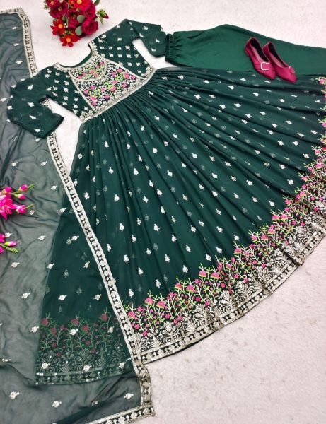 Wedding Wear Fox Georgette Gown Pant   Dupatta With Embroidery Work  3 Piece Kurti Set