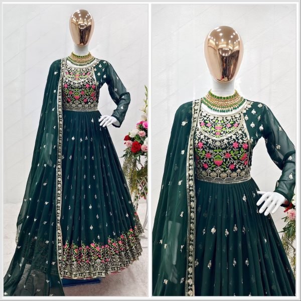 Wedding Wear Fox Georgette Gown Pant   Dupatta With Embroidery Work  3 Piece Kurti Set