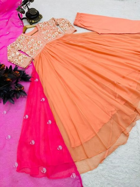 Wedding Wear Georgette Embroidery Work Gown Pant   Dupatta 3 Piece Kurti Set