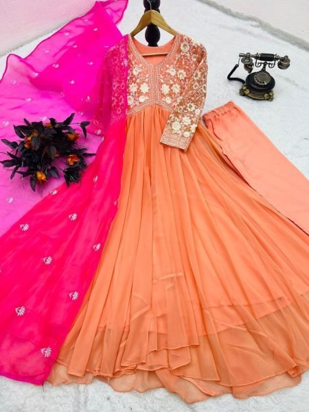 Wedding Wear Georgette Embroidery Work Gown Pant   Dupatta 3 Piece Kurti Set