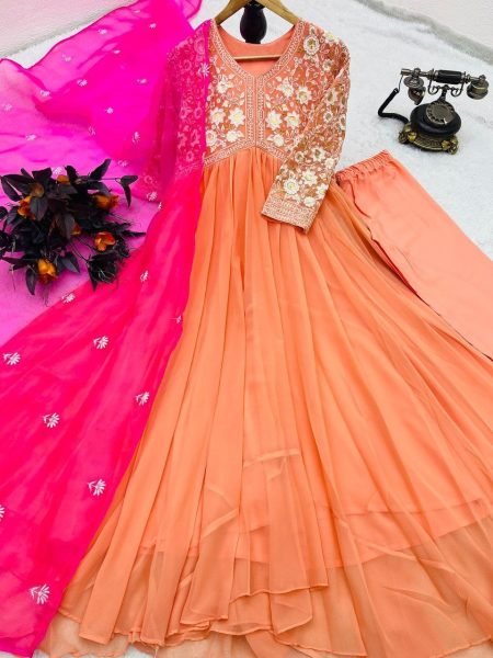 Wedding Wear Georgette Embroidery Work Gown Pant   Dupatta 3 Piece Kurti Set