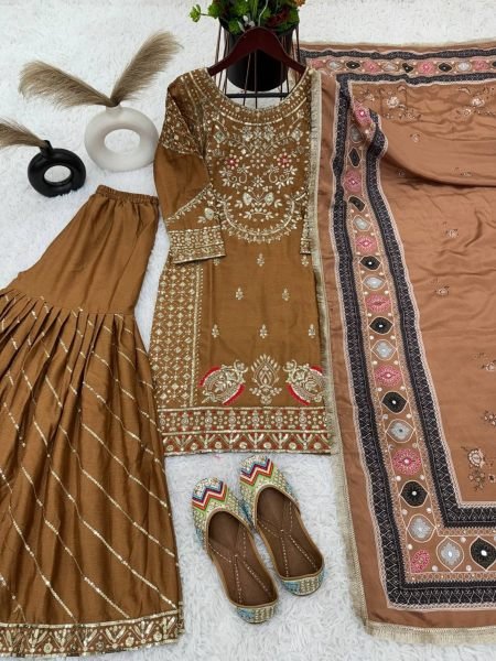 Wedding Wear Heavy Chinon Silk Sharara Suits  Ready To Wear Collection