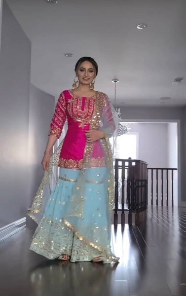Wedding Wear Pink Faux Georgette Sharara Suit With Embroidery   Sequence Work  Ready To Wear Collection