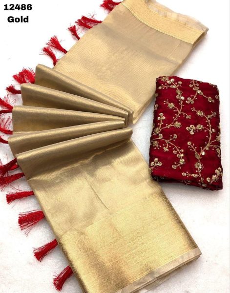 Wedding Wear Tissue Silk Saree with Gold Zari Weaving Silk Sarees Wholesale