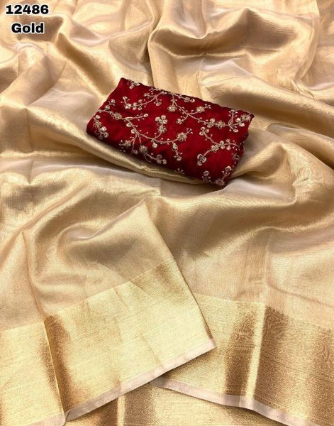 Wedding Wear Tissue Silk Saree with Gold Zari Weaving Silk Sarees Wholesale