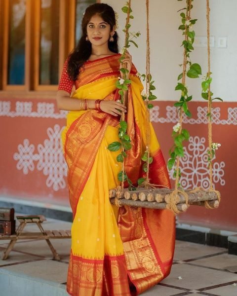 Wedding Wear Yellow Soft Lichi Silk Saree  Silk Sarees Wholesale