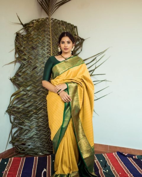 Wedding Wear Yellow Soft Lichi Silk Saree  Silk Sarees Wholesale