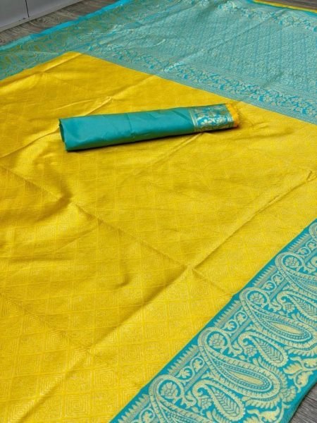 Wedding Wear Yellow Soft Lichi Silk Saree  Silk Sarees Wholesale