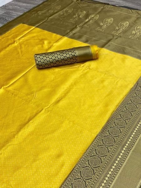 Wedding Wear Yellow Soft Lichi Silk Saree  Silk Sarees Wholesale