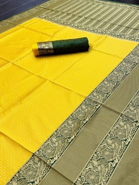 Wedding Wear Yellow Soft Lichi Silk Saree  Silk Sarees Wholesale