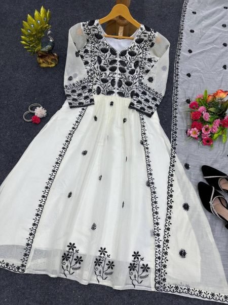 White Chanderi Thred Sequence Work Kurti With Dupatta  3 Piece Kurti Set