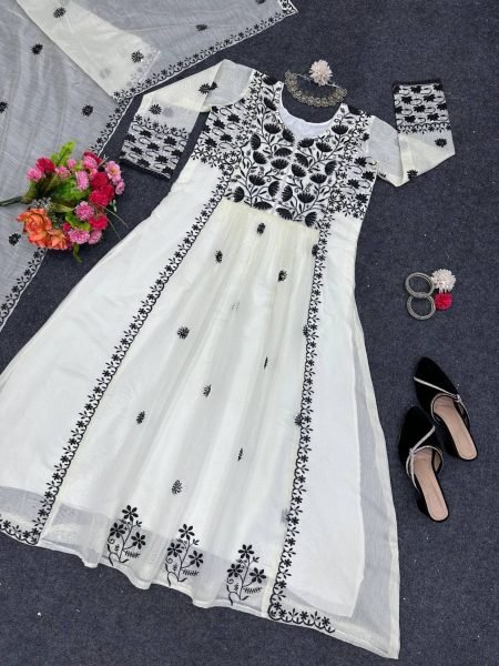 White Chanderi Thred Sequence Work Kurti With Dupatta  3 Piece Kurti Set