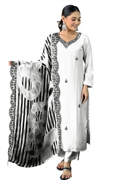 White Color Chanderi Viscose Embroidery Kurti Pant With Dupatta  3 Piece Kurti Set